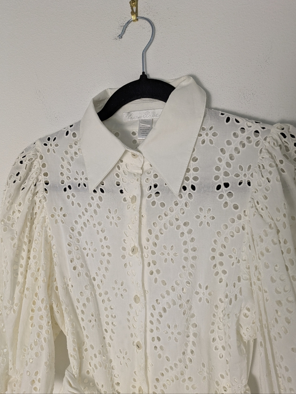 Kamiseta Eyelet Button Down Top Blouse Cream Sz S Puff Sleeve Romantic Lace EUC - Picture 3 of 14
